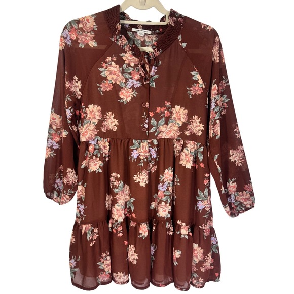 American Eagle By Payless Dresses & Skirts - American Eagle Women Floral Long Sleeve Brown Dress Tiered Mini Boho Italy Sz S
